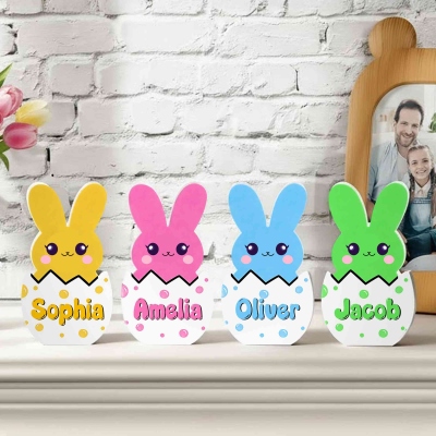 Custom Names 1-10 Cracked Egg Bunnies Easter Decoration, Family Bunny Block with Wooden Base, Freestanding Rabbit Sign, Easter Gift for Mom/Grandma