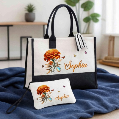 Personalized Name Gemstone Birth Flower Tote Bag with Makeup Pouch, Travel Accessories, Birthday/Mother's Day/Wedding Gift for Her/Mom/Bridesmaids