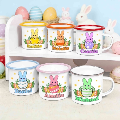 Personalized Name Cracked Egg Bunny Easter Enamel Mug, 12oz Cup with Handle, Tin Camping Mug, Easter Party Favor, Easter Gift for Kids/Boys/Girls