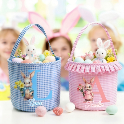 Custom Name & Initial Watercolor Birth Flower Bunny Gingham Easter Basket with Ruffle, Multicolor Easter Treat Bag, Easter Gift for Kids/Boys/Girls