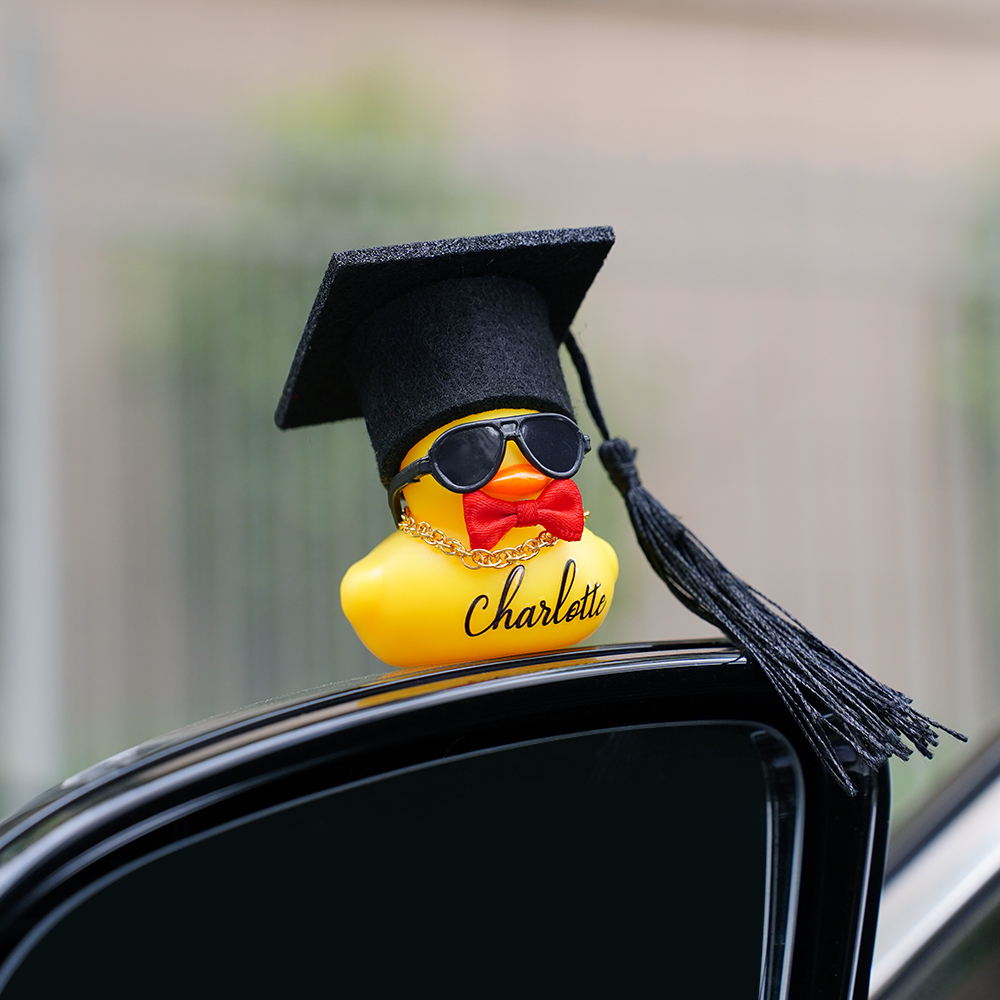 Personalized Name Funny Graduation Cap Rubber Duck with Sunglasses Bow, Desk Decor, Car Accessory, Graduation Gift for Family/Friends