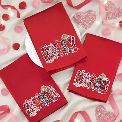 Personalized Name Heart Alphabets Napkin, Party Dinner Red Napkin, Kitchen Accessory, Anniversary/Wedding/Valentine's Day Gift for Couple/Newlyweds