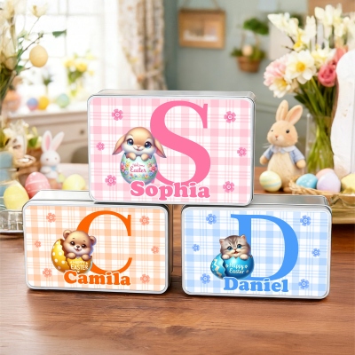 Personalized Name Cracked Egg Animal Alphabet Easter Treat Tin with Lid, Biscuit Box, Tinplate Container, Easter Party Favor, Easter Gift for Kids