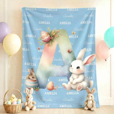 Custom Name & Initial Word Cloud Watercolor Bunny Blanket, Flannel/Sherpa Throw for Bed Couch, Home Decor, Birthday/Easter Gift for Newborns/Kids