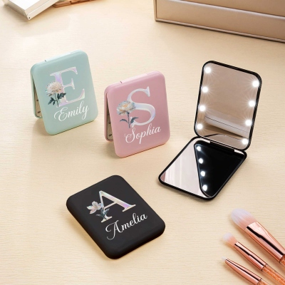 Custom Name Mother of Pearl Effect Initial Birth Flower LED Mirror, 1x/2x Magnifying Dual Compact Mirror, Birthday/Wedding Gift for Her/Bridesmaids