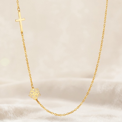 Custom Birth Flower Sideways Cross Necklace, Sterling Silver 925 Dainty Christian Jewelry, Christening/First Communion/Birthday Gift for Her/Mom/Women