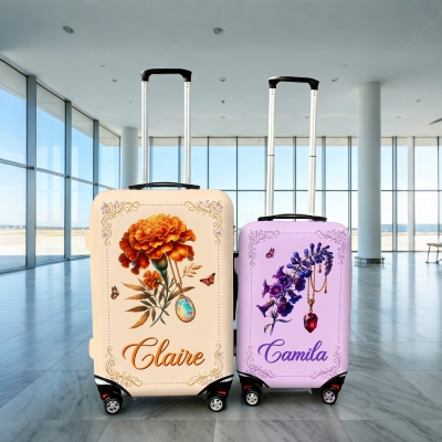 Personalized Name Gemstone Birth Flower Luggage Cover, Floral Suitcase Protector, Travel Accessory, Birthday/Anniversary Gift for Travel Lovers/Women