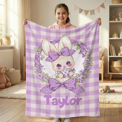 Osterdecke mit individuellem Namen, Blumenmuster, Hasen-Gingham-Karo, Flanell-/Sherpa-Bettüberwurf, Kinderzimmerdekoration, Oster-/Babyparty-/Geburtstagsgeschenk für Kinder/Jungen/Mädchen