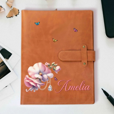 Personalized Name Gemstone Birth Flower Leather Notebook & Cover, Traveler's Notebook Sketch Pad Case, Birthday/Anniversary Gift for Artists/Women