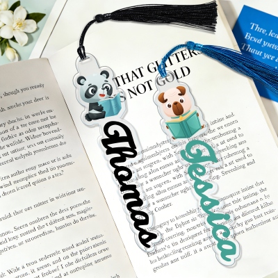 Personalisiertes Lesezeichen mit Namensmotiv, Tiermotiv und Quaste, Lesezeichen aus transparentem Acryl, Leseaccessoire, Geschenk für Kinder/Schüler/Bücherliebhaber/Leser