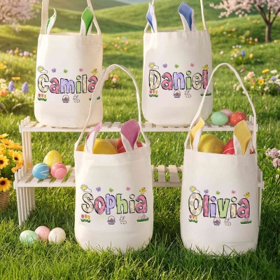 Personalisierter Osterkorb mit Namen, gepunktetem Alphabet und Namen, Osterbeutel aus Baumwollleinen mit Hasenohren, Ostergeschenk für Kinder/Jungen/Mädchen