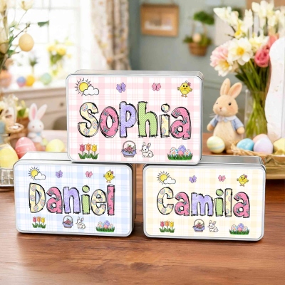 Personalisierte Ostereierdose mit Deckel, gepunktet, mit individuellem Namen, Keksdose, Blechdose, Gastgeschenk für Ostern, Ostergeschenk für Kinder