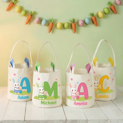 Personalized Name Cartoon Bunny & Colorful Egg Alphabet Easter Basket, Cotton Linen Easter Bucket Bag with Bunny Ears, Easter Gift for Kids/Boys/Girls