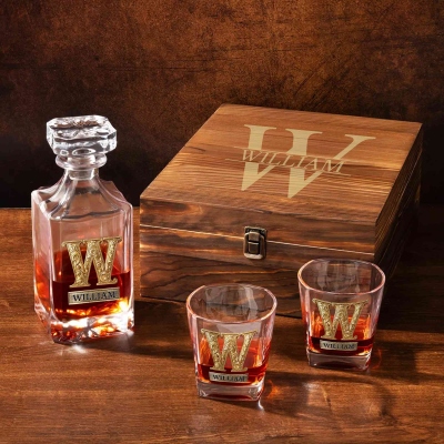 Custom Name Embossed Alphabet Whiskey Decanter & Glasses with Wooden Storage Box, Bar Accessories, Birthday/Father's Day Gift for Men/Dad/Wine Lovers
