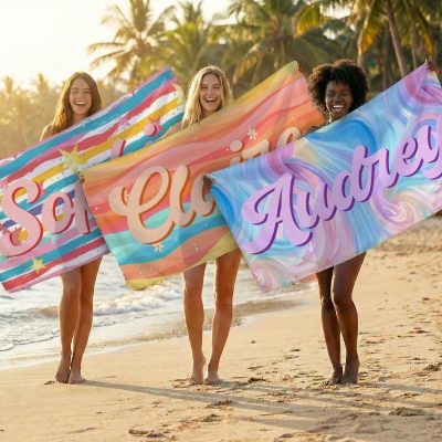 Custom Name Rainbow Beach Towel with Drawstring Bag, Quick Dry Microfiber Bath Towel, Vacation/Beach/Pool Party Favor, Gift for Kids/Women/Bridesmaids