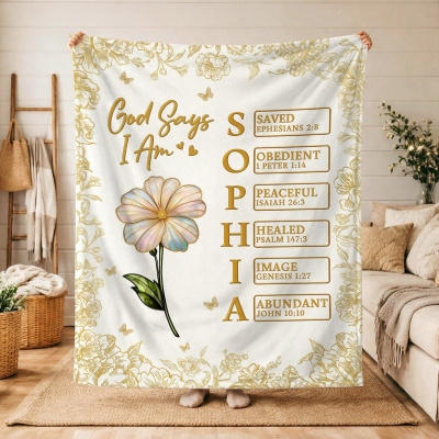 Personalized Name Birth Flower God Says I Am Bible Verses Blanket, Flannel/Sherpa Bed Couch Throw, Birthday/Mother's Day Gift for Mom/Women