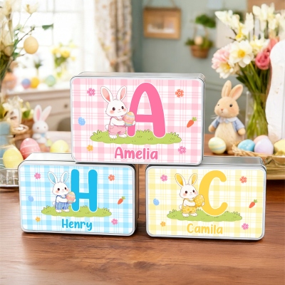 Personalisierte Namens-Leckereidose mit Cartoon-Hasen und buntem Ei (Buchstaben) mit Deckel, Keksdose, Blechdose, Geburtstags-/Ostergeschenk für Kinder/Jungen/Mädchen
