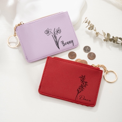 Personalisierter Kartenhalter mit Geburtsblume und Namen, Monogramm-Geldbörse aus veganem Leder, Damen-Geldbörse, Muttertags-/Brautjungfern-Geschenk für Frauen