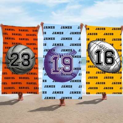 Strandtuch mit personalisiertem Namen und Nummer in Ballform, mehrfarbiges, schnelltrocknendes Badetuch, ideales Mitbringsel für Urlaub, Strand oder Poolpartys, Geschenk für Sportbegeisterte, Spieler und Trainer