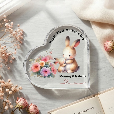 Personalized Names Floral Animal Mama & Baby Design First Mother's Day Heart-Shaped Acrylic Plaque, Desk Decor, Mother’s Day Gift for New Mom