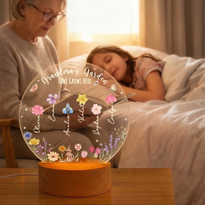 Personalized Names & Birth Flowers Grandma’s Garden LED Night Light, Acrylic Night Lamp with Wooden Base, Birthday/Mother’s Day Gift for Mom/Grandma
