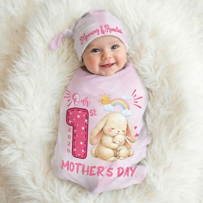 Custom Name & Year Animal Mama & Baby 1st Mother’s Day Receiving Blanket with Beanie, Swaddle & Hat Set, Mother’s Day/Baby Shower Gift for Newborns
