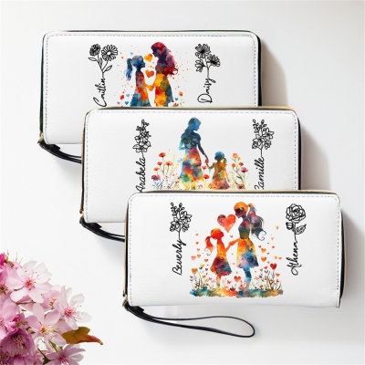 Custom Names & Birth Flowers Watercolor Art PU Leather Wallet, Zip Around Clutch Purse with Wrist Strap, Birthday/Mother's Day Gift for Her/Mom/Women