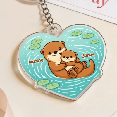 Personalized Otter Mom & Baby Heart Acrylic Keychain with 1-5 Names, Memorial Family Keepsake Keyring, Birthday/Mother’s Day Gift for Her/Mom/Grandma