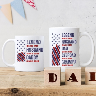 Personlig herrmugg med namn, Legend Milestone-mugg i två färger i keramik, familjemugg med hedersmotiv, födelsedags-/fars dagspresent till honom/pappa/morfar