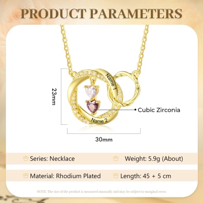 Custom Heart Birthstone Interlocking Necklace with Name, Sterling Silver 925 Circles Family Necklace, Birthday/Mother's Day Gift for Her/Mom/Grandma