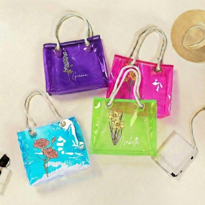 Custom Name Birth Flower Neon Color Tote Bag, Transparent PVC Beach Bag with Rope Handles, Bridal Shower Favor, Vacation/Birthday Gift for Women/Girls