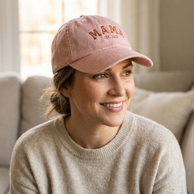 Personalised Embroidered Name Vintage MAMA Baseball Cap, Adjustable Family Hat with Est Date, Birthday/Mother's Day Gift for Mom/Grandparent/Family
