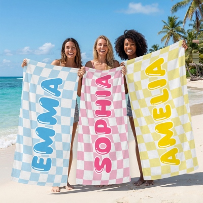 Personalized Groovy Checkered Beach Towel with Name, Quick Dry Microfiber Pool Towel, Summer Vacation/Beach Party Favor, Gift for Family/Friends/Kids