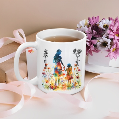 Personalized Names Birth Flowers Mom & Daughter Watercolor Art Silhouette Mug, 11oz Two Tone Ceramic Mug, Birthday/Mother’s Day Gift for Mother