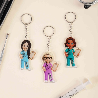 Personalized Cartoon Character Nurse Keychain with Name, Acrylic Medical Staff Portrait Bag Hanging Keyring, Birthday Gift for Nurses/Colleagues/Her