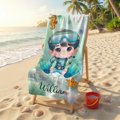 Personalized Name Cartoon Diving Character & Marine Animals Beach Towel, Quick Dry Microfiber Pool Towel, Vacation/Beach Party Favor, Gift for Kids
