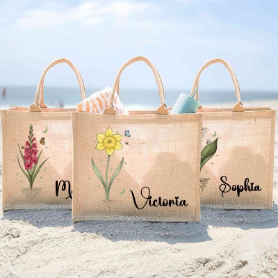 Personalized Name Shining Birth Flower Burlap Tote Bag, Large Capacity Jute Handbag, Birthday/Mother’s Day Gift for Her/Mom/Grandma/Women