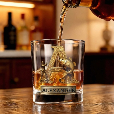 Anpassat namn Angler &amp; Fish alfabet Whiskyglas, 283 ml Bourbon Old Fashioned Glas, Födelsedags-/Fars dagspresent till honom/pappa/morfar/fiskeälskare