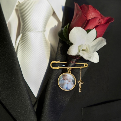 Personalized 1-5 Photos Lapel Brooch Pin with Name, Bridal Bouquet Charm, Memorial Pin, Engagement/Wedding Gift for Parents of the Bride or Groom