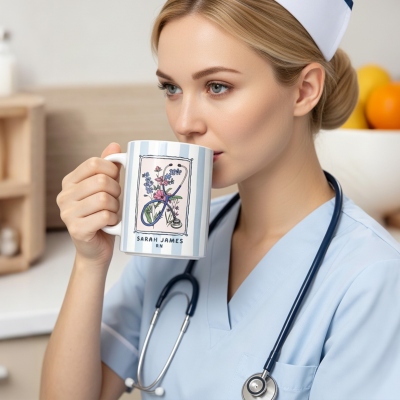 Custom Nurse Floral Stethoscope Striped Mug with Name, RN 11oz/15oz Two Tone Ceramic Coffee Mug, Appreciation/Graduation Gift for Nurses/Medical Staff