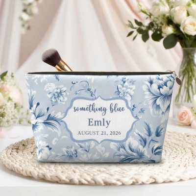 Personalized Name Something Blue Floral Travel Makeup Bag, Waterproof Toiletry Pouch, Anniversary/Birthday/Wedding Gift for Brides/Bridesmaids