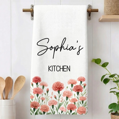 Custom Name Birth Flower Waffle Weave Dish Towel, Microfiber Absorbent Kitchen Towel, Mother’s Day/Housewarming Gift for Mom/Grandma/Family/Hostess