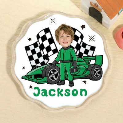 Custom Name Face Photo Cartoon Racing Character Phone Grip with Expanding Kickstand, Adhesive/Magnetic Phone Holder for Hand, Gift for Racing Fans