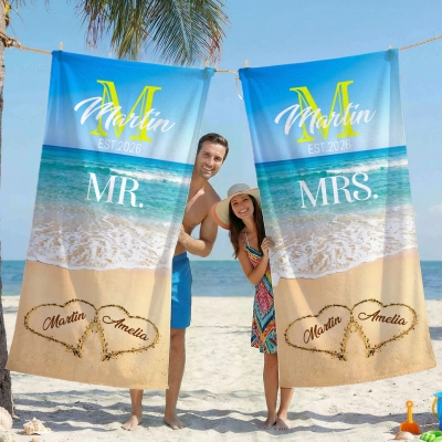 Personalized Names Sandbeach Theme Double Hearts Beach Towel with Year, Quick Dry Microfiber Pool Towel, Birthday/Anniversary Gift for Couple/Family