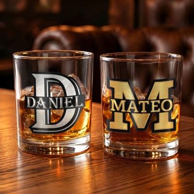 Custom 3D Initial Metallic Design Whiskey Glass with Name, Elegant 10oz Bourbon Old Fashioned Glass, Birthday/Father's Day Gift for Him/Dad/Grandpa