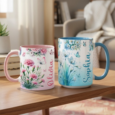 Custom Multicolor Birth Flower & Butterflies Mug with Name, 11oz/15oz Ceramic Two Tone Coffee Tea Mug, Birthday/Mother's Day Gift for Her/Mom/Grandma