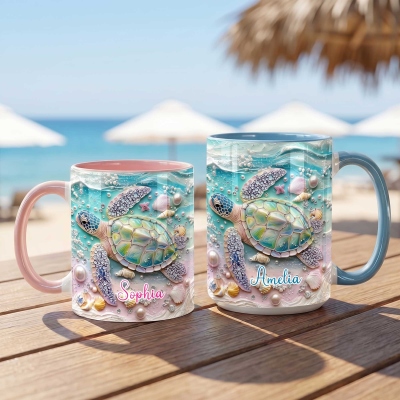 Personalized 3D Pearl Sea Turtle Mug with Name, Ocean Theme 11oz/15oz Ceramic Two Tone Coffee Tea Mug, Birthday Gift for Turtle/Beach Lovers/Family