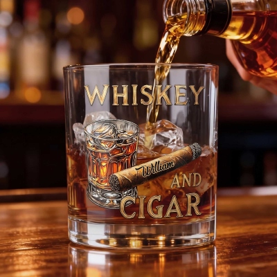 Custom Name Whiskey & Cigar Design Whiskey Glass, 10oz Bourbon Old Fashioned Glass, Birthday/Father's Day Gift for Him/Dad/Grandpa/Whiskey Lovers