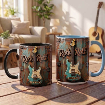 Personalized Name Rock & Roll Heavy Metal Guitar Design Mug, 11oz/15oz Two Tone Ceramic Coffee Tea Mug, Birthday Gift for Guitarists/Music Lovers