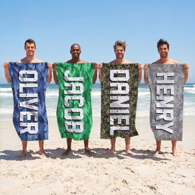 Personalized Name Camo Oversized Beach Towel, Multicolor Quick Dry Outdoor Bath Towel, Vacation/Pool Party Favor, Gift for Sports Lovers/Teens/Boys